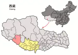 Location of Zhongba County (red) in Xigazê City (yellow) and the Tibet A.R.