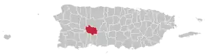 Map of Puerto Rico highlighting Adjuntas Municipality