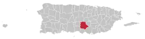 Map of Puerto Rico highlighting Coamo Municipality