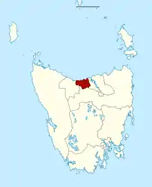 Map of the Tasmanian Legislative Council divisions, Mersey highlighted in crimson.