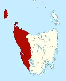 Map of the Tasmanian Legislative Council divisions, Murchison highlighted in crimson.