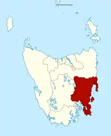 Map of the Tasmanian Legislative Council divisions, Prosser highlighted in crimson.