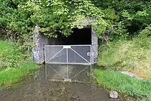 A concrete entrance into a hillside with a steel gate across the entrance and floodwater on the floor