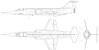 3-view line drawing of the Lockheed F-104C Starfighter