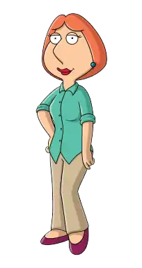 A cartoon drawing of a lady with red hair or ginger hair, with her hand on her hip, red hair, and a blue-green blouse with tan pants.