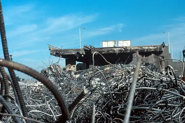 A pile of rebar and concrete from the collapsed Cypress Street Viaduct