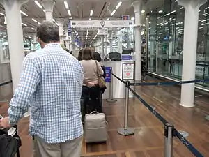 French Border Police checkpoint at London St Pancras International station, where entry immigration checks to the Schengen Area are carried out before boarding the train.