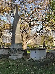 A tall obelisk and a rectangular tomb in a green space with trees
