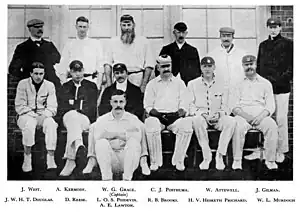 Hesketh-Prichard sits in an official cricket photograph surrounded by his team-mates