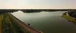 A view of the dam of Lone Star Lake taken from an RC plane