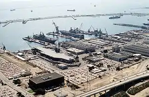 Long Beach Naval Shipyard in 1993; USS Ranger can be seen in Dry Dock no. 1.