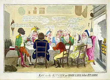 A group of servants gathered in a kitchen, ape the manners of their employers