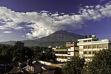 Mount Meru in the background with Arusha in the foreground of the picture.