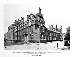 Large brick building. The caption on the image reads "The London (Royal Free Hospital) School of Medicine for Women. Hunter Street, London. Founded 1874"