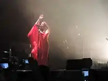 Lorde singing to a microphone onstage dressed in a red-colored outfit