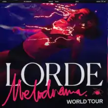 A photograph of Lorde in red and blue hues showing the singer in a black bikini as she floats in a pool dramatically. The name of the artist and tour appear in large text at the bottom.