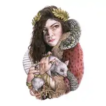 A painting of Lorde holding a rat, with a python around her neck and shoulders.