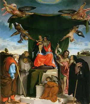 A cloth of honour held over the Virgin by angels, in an altarpiece by Lorenzo Lotto