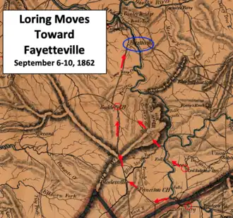 map showing two Confederate columns moving toward Fayetteville