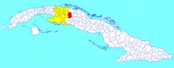 Los Arabos municipality (red) within  Matanzas Province (yellow) and Cuba