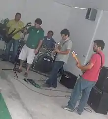 Los Depas in concert, 2010.From Left to Right, Marco Santamaria (bass), Julio Saucedo (vocals), Jorge Climaco (drums), Javier Barba (lead guitar) and Felipe Hernandez (rhythm guitar)