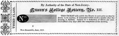 Ticket from an 1814 lottery to raise money for Queen's College, New Jersey.