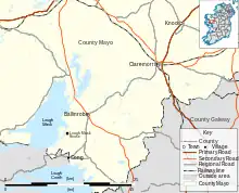 Map of the Lough Mask area of County Mayo, showing the location of Lough Mask House. The house is 6 kilometres (3.7 mi) southwest of Ballinrobe, and 6 km north of Cong; Claremorris is a further 22 kilometres (14 mi) north-east of Ballinrobe.