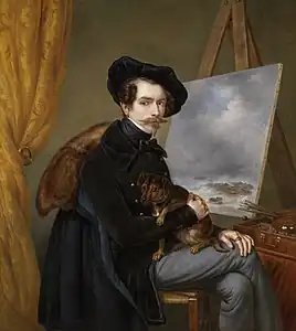Self-portrait, by Louis Meijer. The painter's dog sits on his lap.