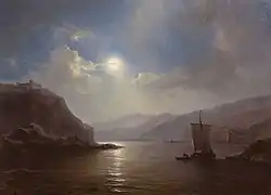Louis Meijer A moonlit river landscape with a sailing ship