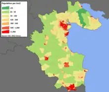 Population density per km2 of each small area (SA) in County Louth based on 2016 Census data