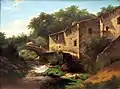 Landscape with water mill and stone bridge, 1854, by Louwrens Hanedoes