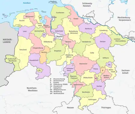 Map of Lower Saxony with the district boundaries