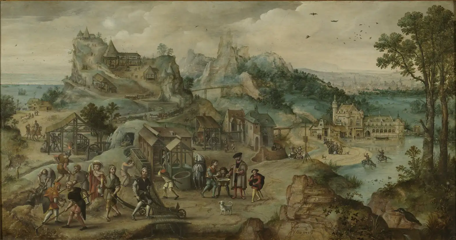Fragment of Lucas Gassel's 1544 painting The Coppermine depicting railway
