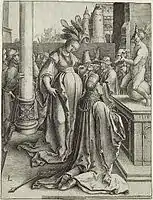 Lucas van Leyden, The Idolatry of Solomon, inspired by his pagan wife, from the "Large Power of Women" set of woodcuts, 1514