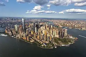 Lower Manhattan, including Wall Street, the world's principal financial center, and One World Trade Center, the tallest skyscraper in the United States