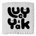 Lucy & Yak's logo, a white square patch with stitches round the side, with "Lucy & Yak" in a curvy and playful black font