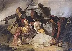 The death of Markos Botsaris. Painting by Ludovico Lipparini, Civico Museo Sartorio, Trieste, Italy.