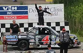 2018 Midwest Truck series winner Luke Fenhaus in Victory lane