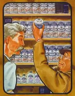 Illustration of two men in profile before a wall of shelves filled with identically labeled cans. The man on the left is taller and has a mustache. The shorter man on the right is goateed and wears glasses and a cap; he is pulling down a can.