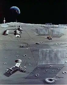 Microwave reflectors on the moon and teleoperated robotic paving rover and crane.