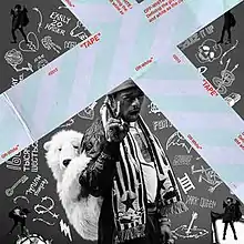 Lil Uzi Vert in black and white, holding up a peace sign. A polar bear is on their back and they are surrounded by white doodles that refer to the album and its tracks. Two strips of light blue tape overlay the cover art, intersecting at the top.