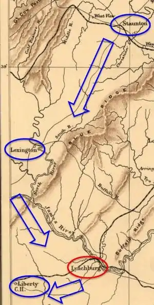 map with arrows showing route of Union army from Staunton to Lynchburg, then west