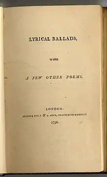 Yellowed book page saying "LYRICAL BALLADS, WITH A FEW OTHER POEMS. LONDON: PRINTED FOR J. & A. ARCH, GRACECHURCH-STREET. 1798."