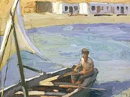 oil painting, Boat with Sail (Panormos, Tinos) by Nikolaos Lytras dating from 1923-26.