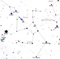 Map showing how Messier 92 figures in the two-dimensional sky, in the east of Hercules. Maps set by convention against a southern horizon, such that east is left.