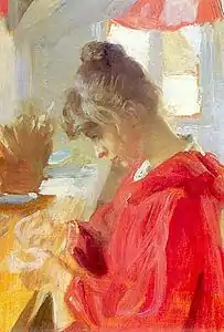 Marie at a table sewing (1889)