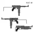 MAT-49: left and right views; view with stock retracted and magazine in safe position