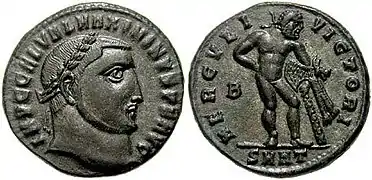 Maximinus II and Hercules with club and lionskin (Roman, 313 CE)