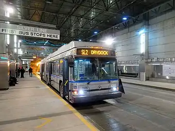 A bus in an underground bus station