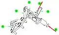 The petals are locked in place for launch by a pin (1) inserted through a fitting (2) on the M/D Center Section clevis (3).  Release is effected by a T-handle (4), which is pulled (5) away from the ACBM.  It can be re-locked by pushing (6) the pin back into the fitting.